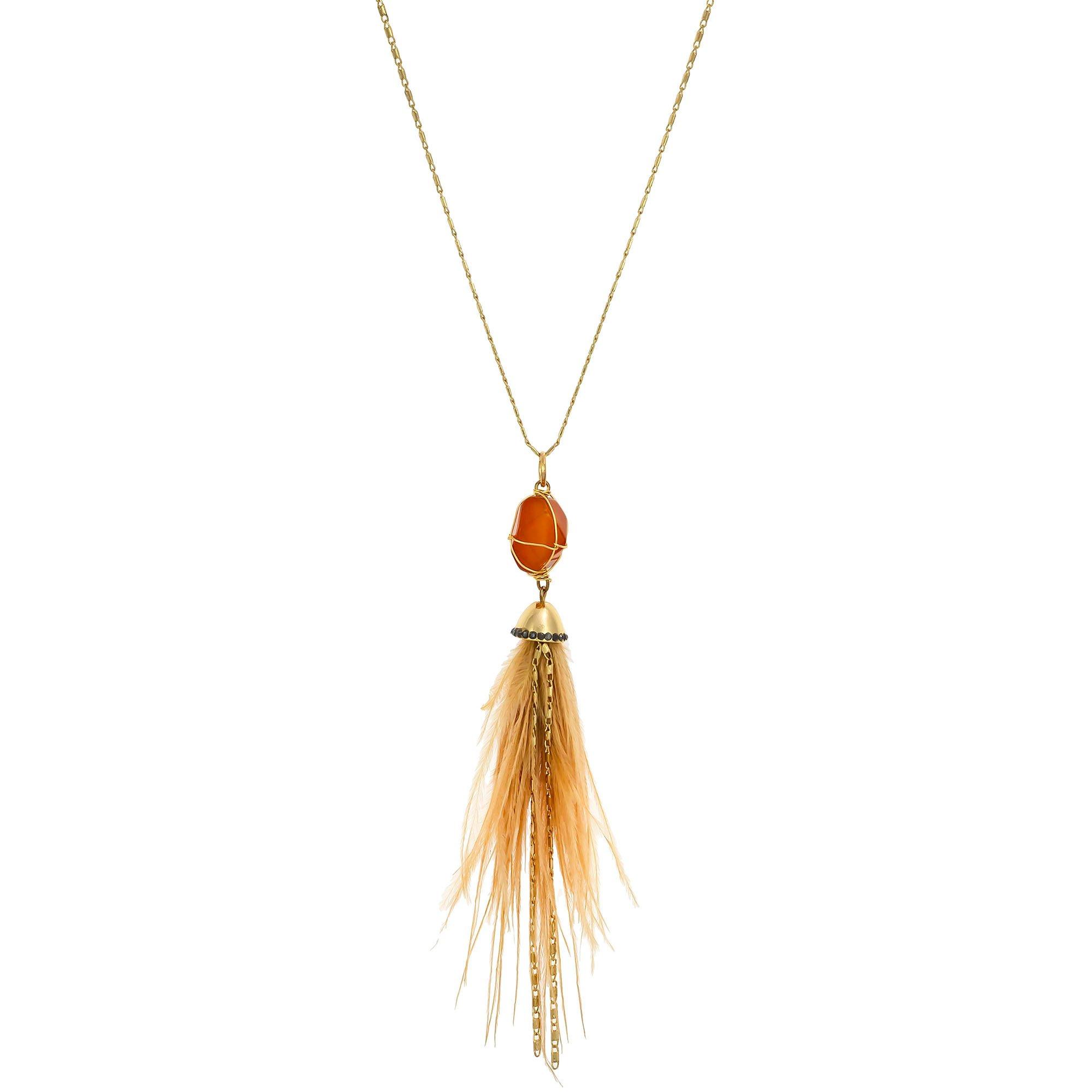 34 In. Feather Wired Stone Pendant Gold Tone Necklace