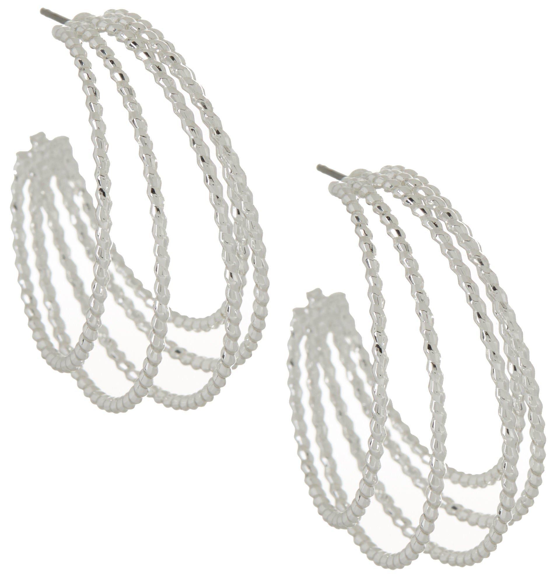 Silver Tone 4 Row Textured Hoop Earrings
