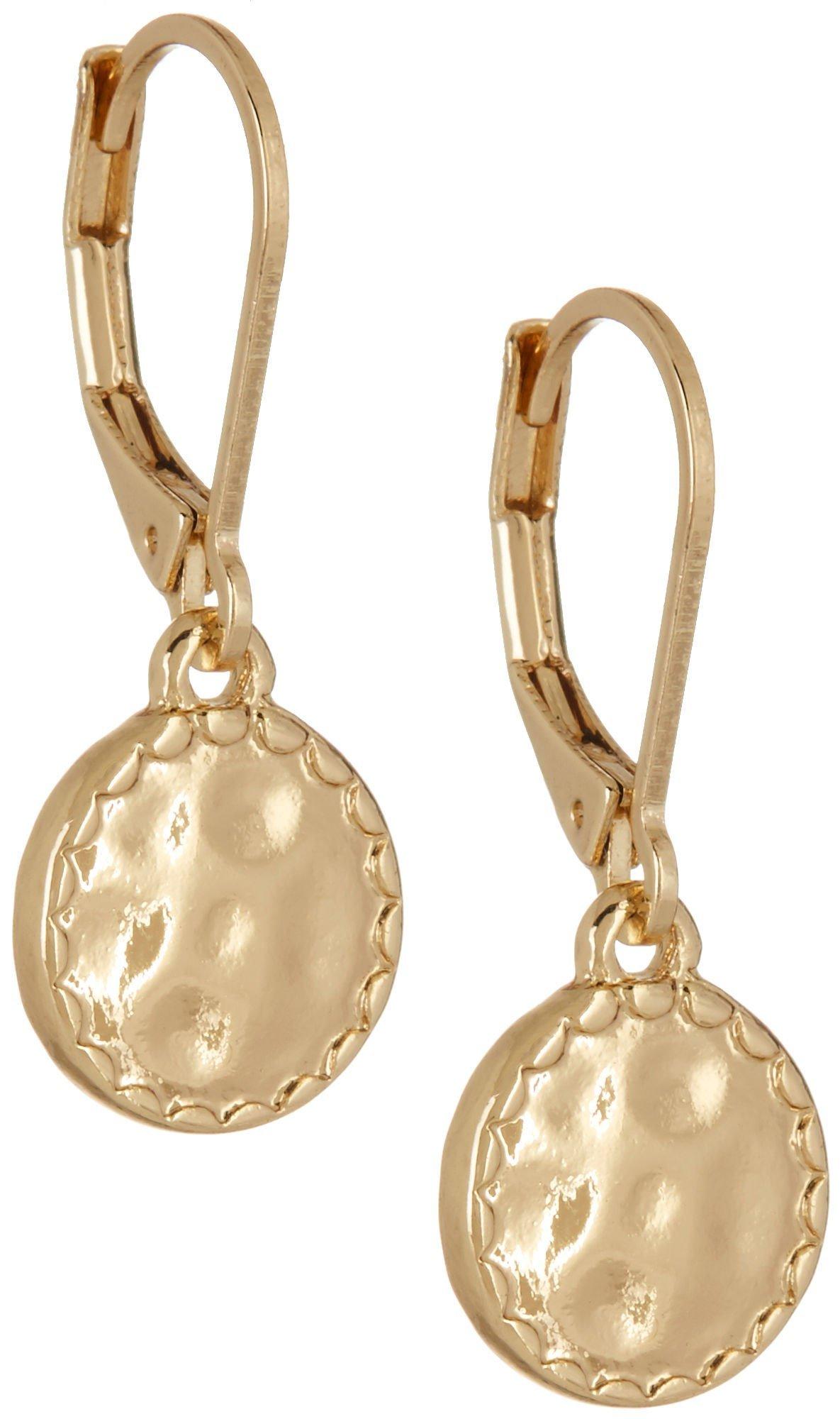 Gold Tone Hammered Disc Drop Earrings