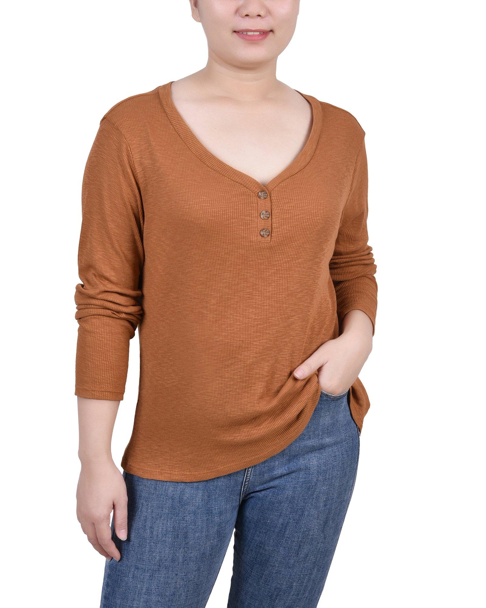 Womens Missy Long Sleeve Ribbed Henley Top