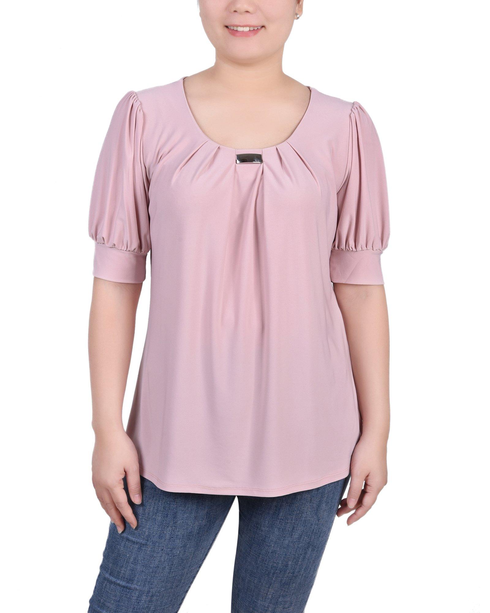 Womens Petite Short Sleeve Balloon Sleeve Top With Hardware