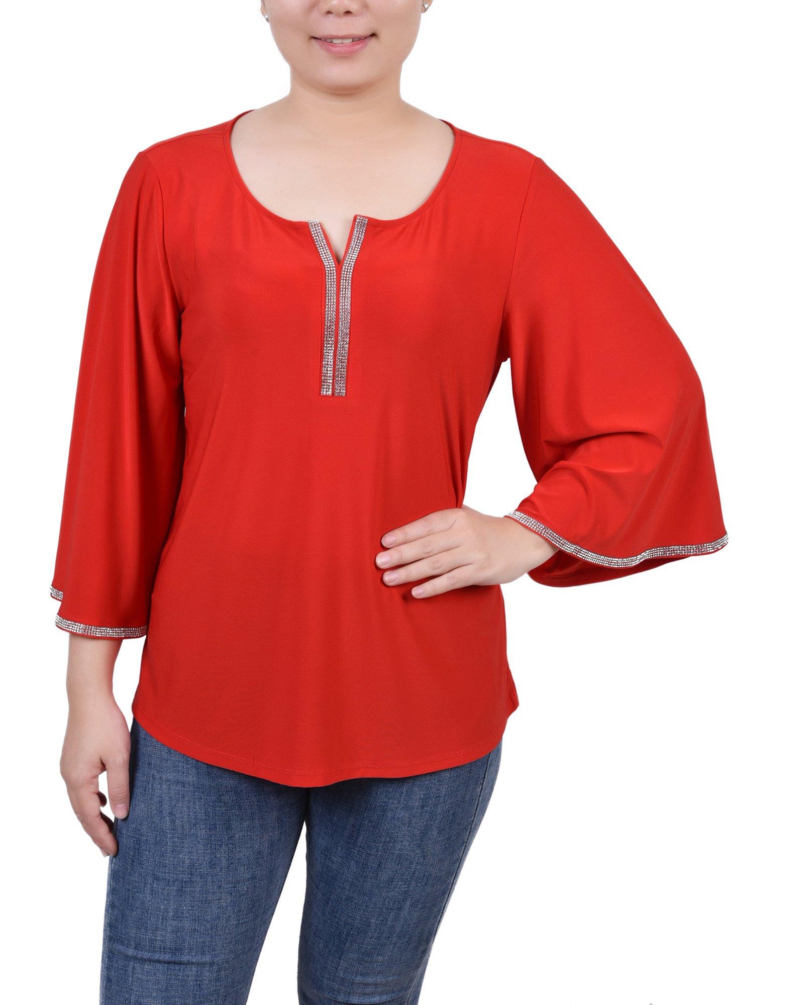 Womens Petite 3/4 Bell Sleeve Top With Stones