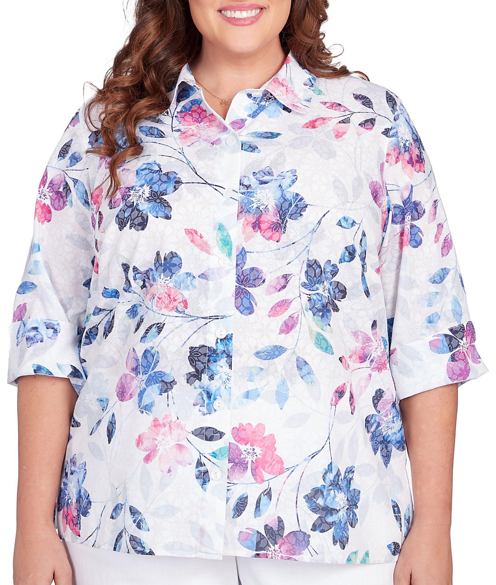 Plus Floral Button Down 3/4 Sleeve Top