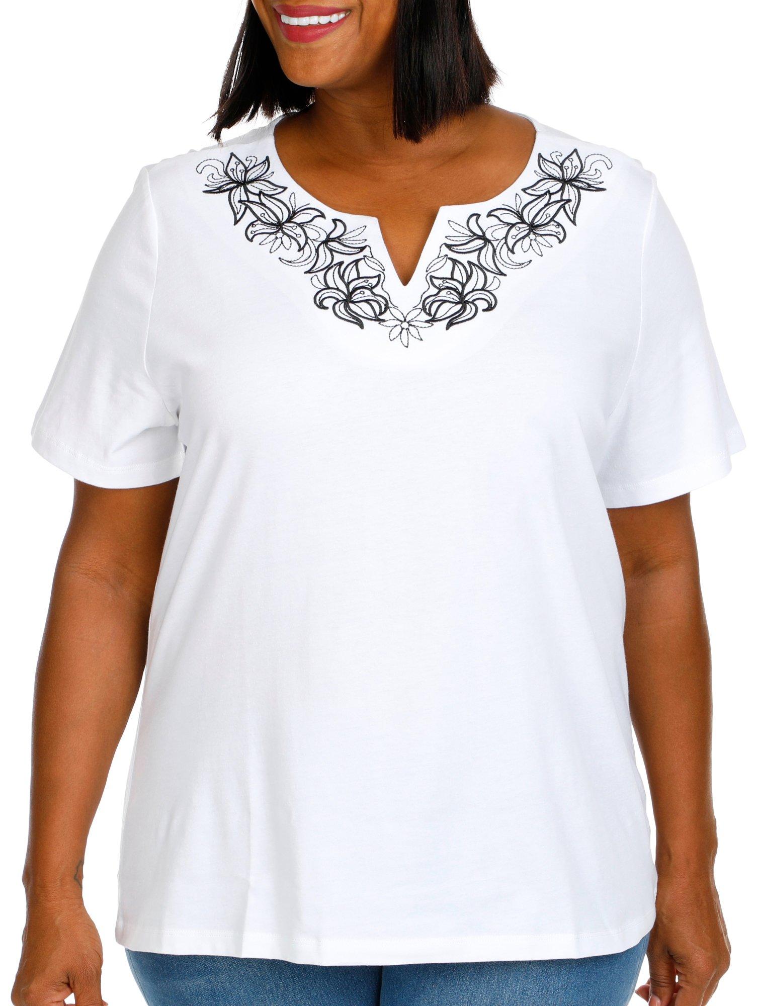 Plus Embroidered Notch Neck Short Sleeve Top