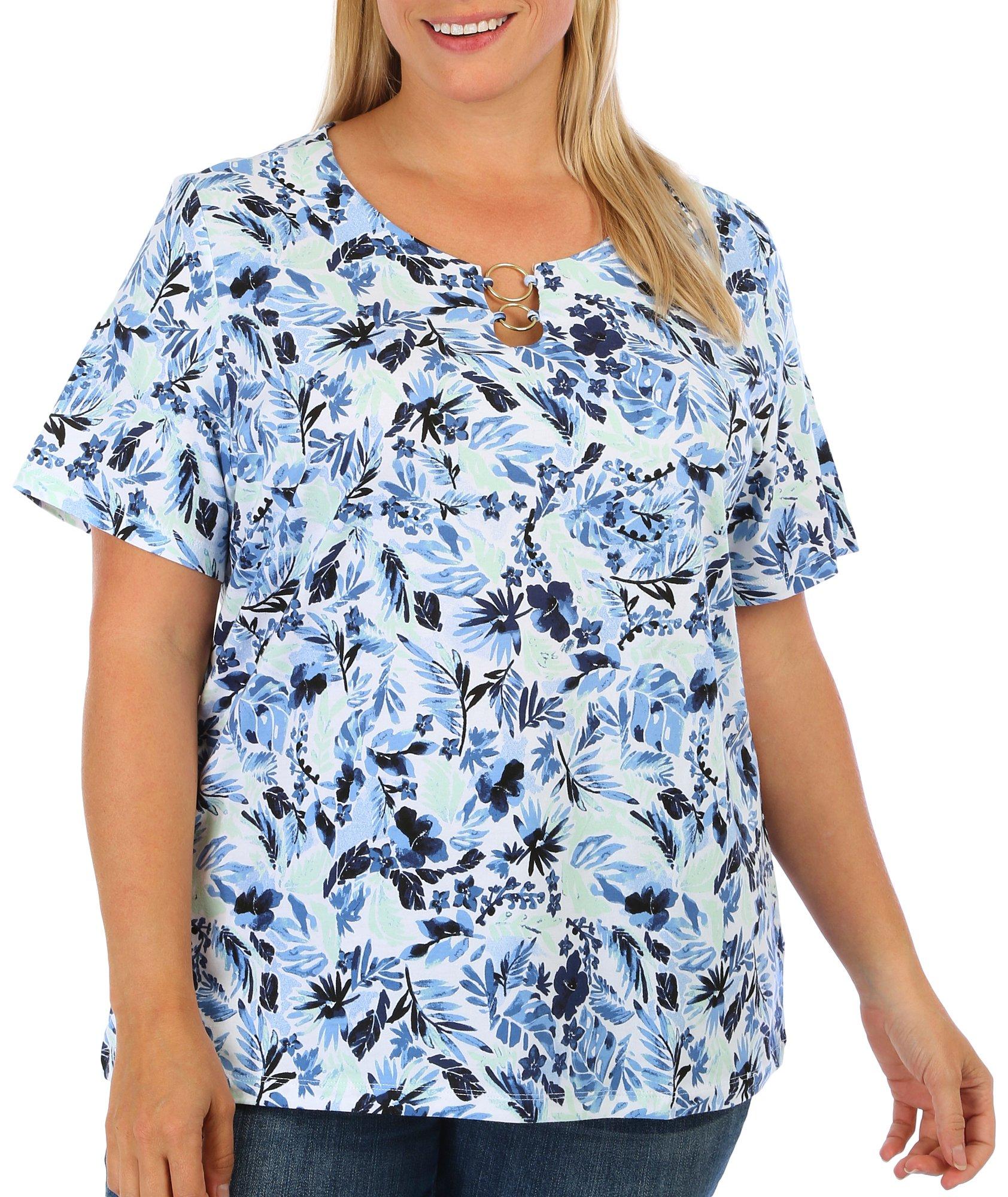 Plus Fronds Print O-Ring Keyhole Short Sleeve Top