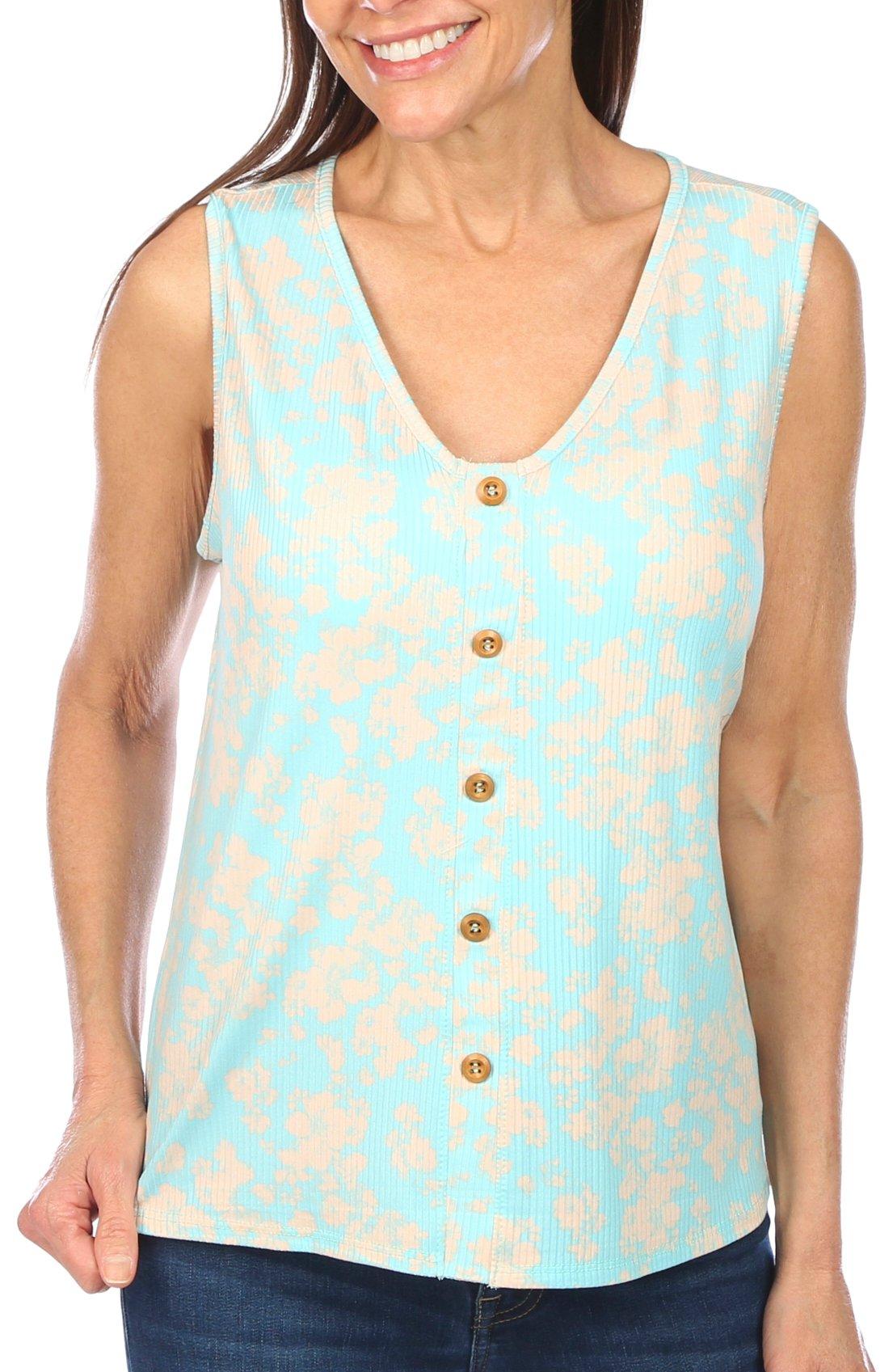 Womens Ribbed Floral Scoop Neck Tank