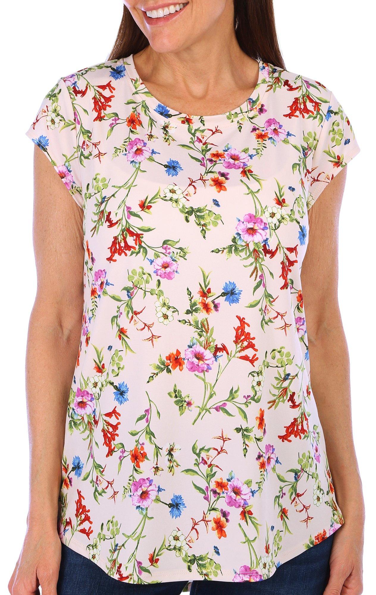 Womens Floral Print Cap Short Sleeve Top