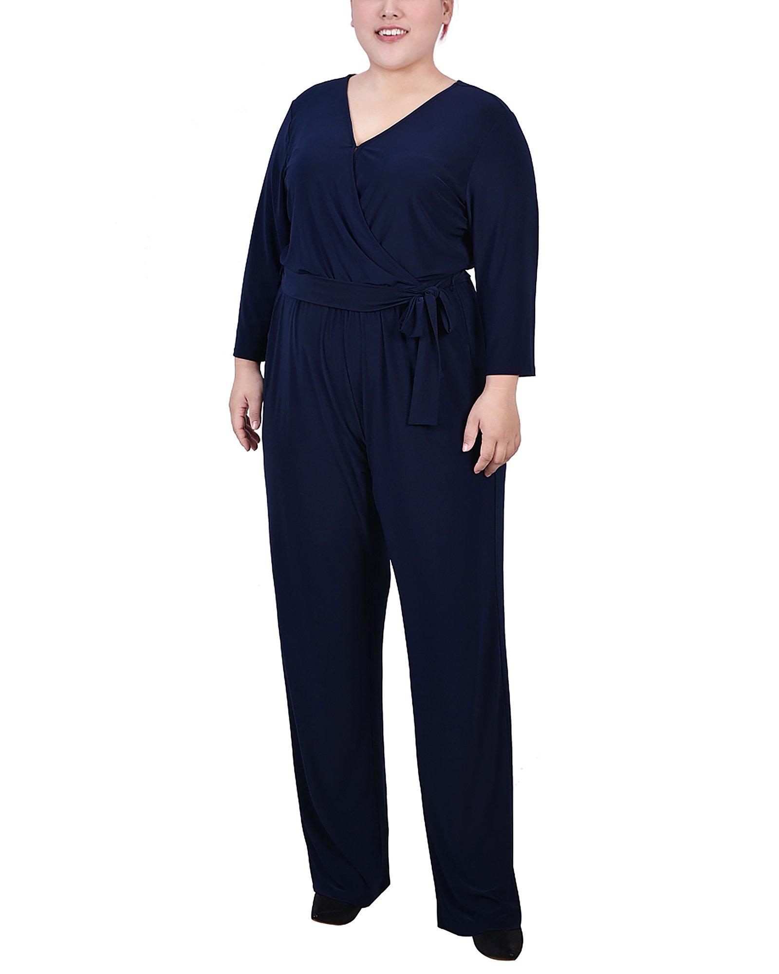 Womens Plus Size 3/4 Sleeve Belted Jumpsuit