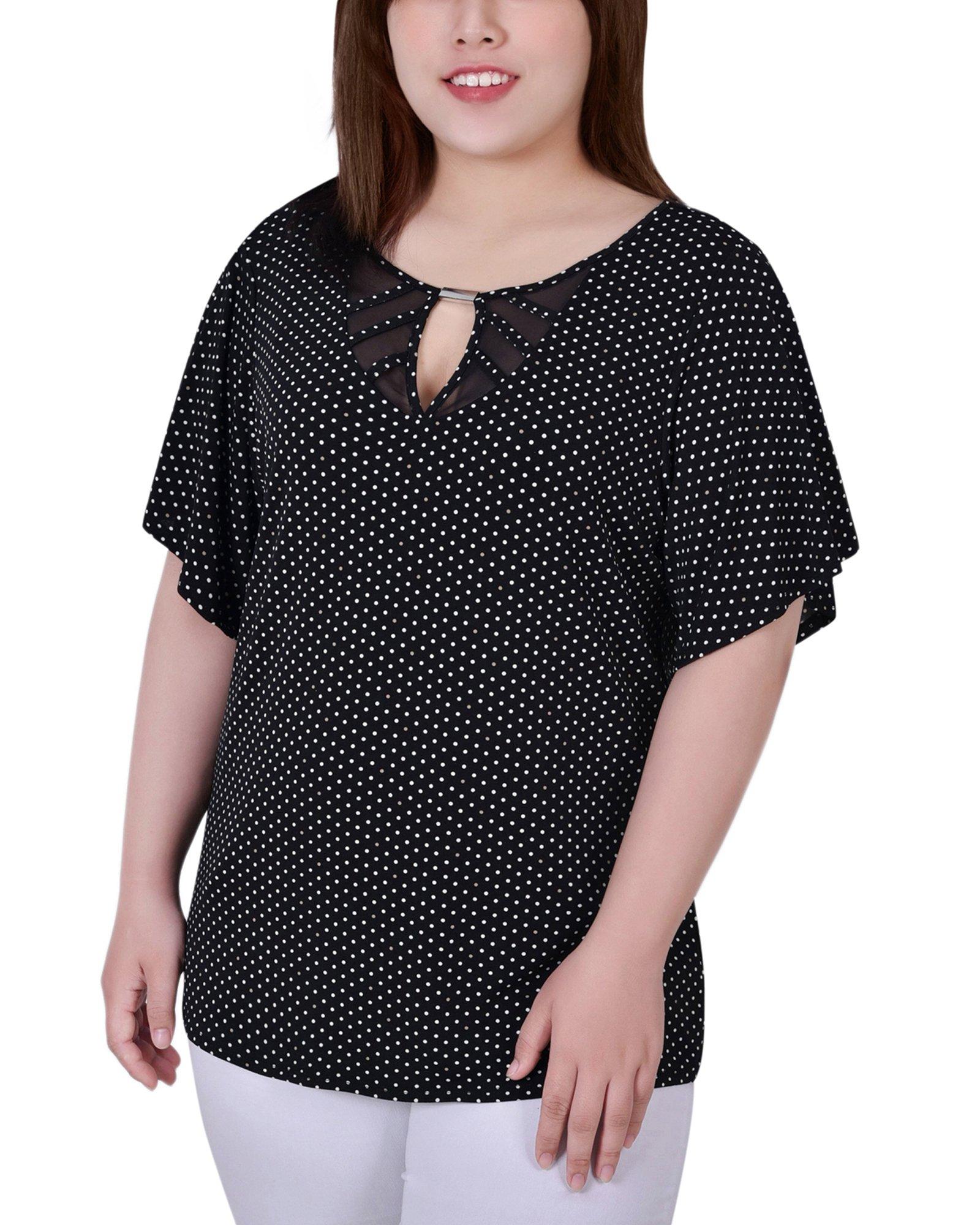 Plus Short Flutter Sleeve Top With Mesh Inset