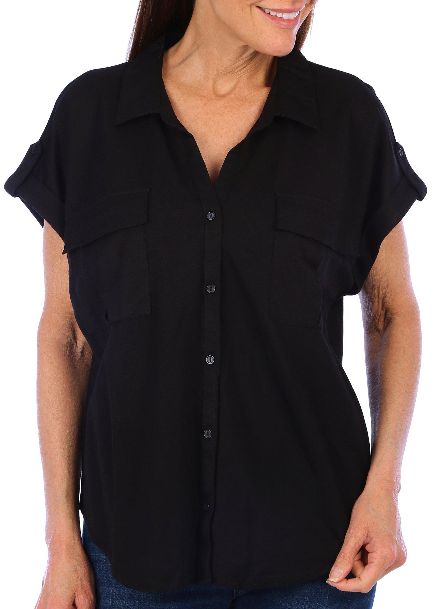 Womens Solid Split Neck Button Down Short Sleeve Top