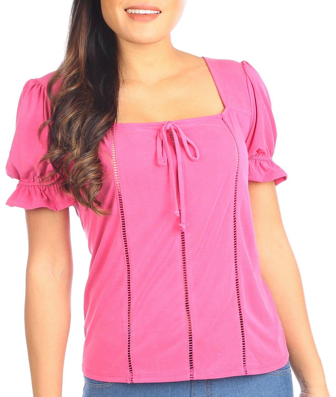 Womens Solid Embellished Short Sleeve Top