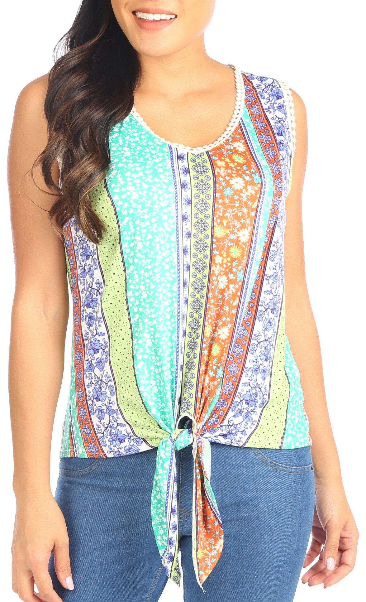 Womens Front Tie Embellished Sleeveless Top