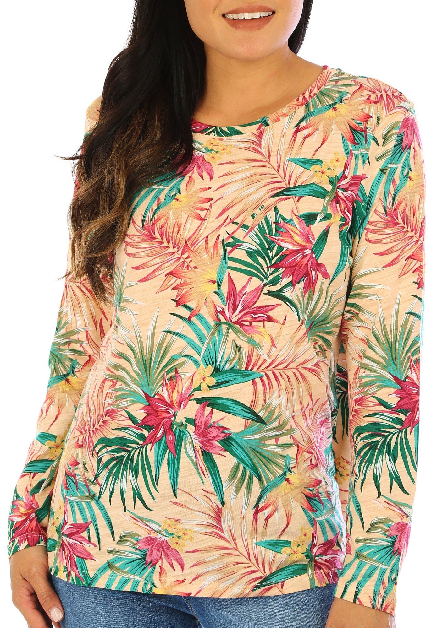 Womens Palm Fronds Print Long Sleeve Top
