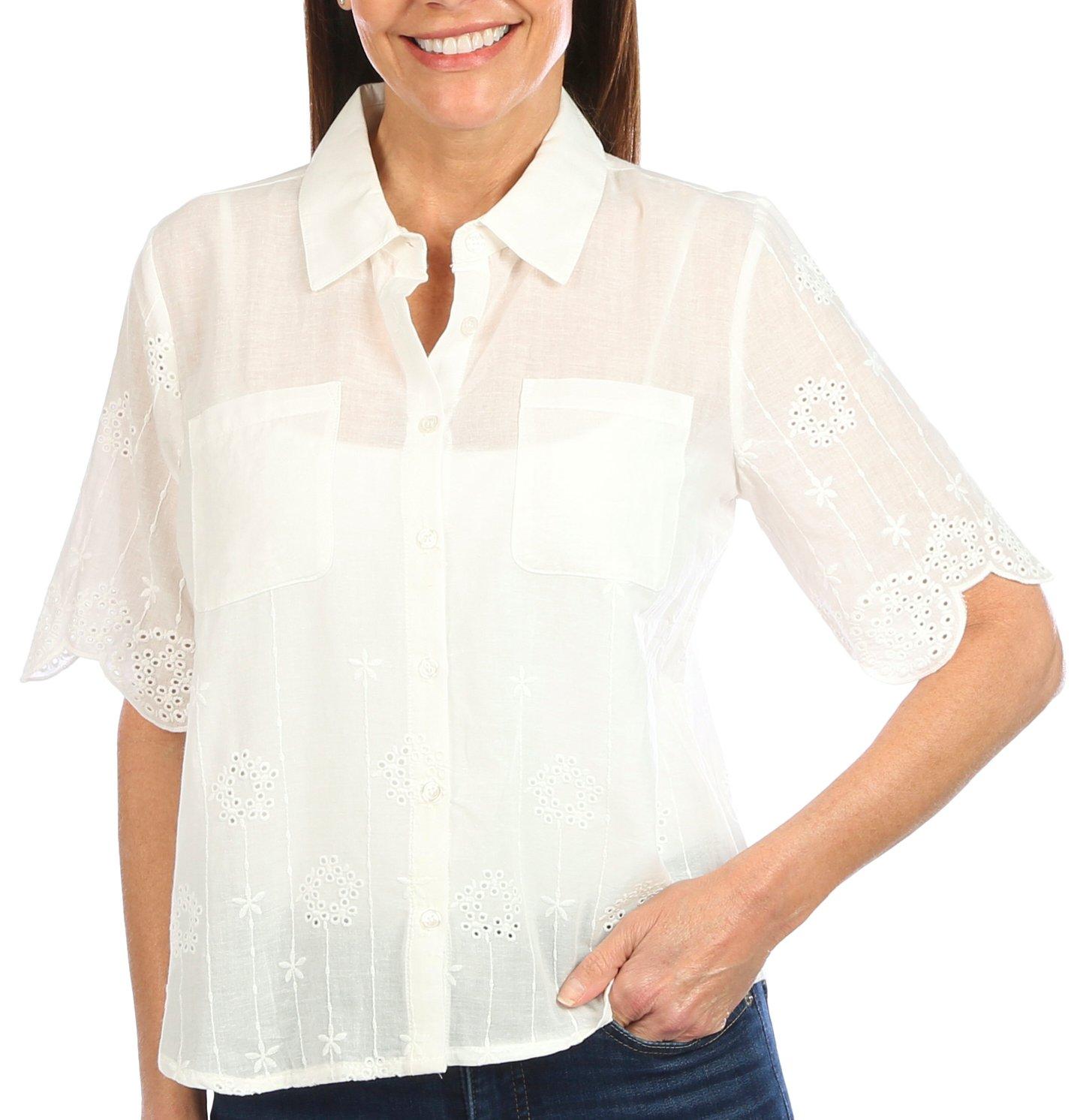 Womens Eyelet Button Down Short Sleeve Top