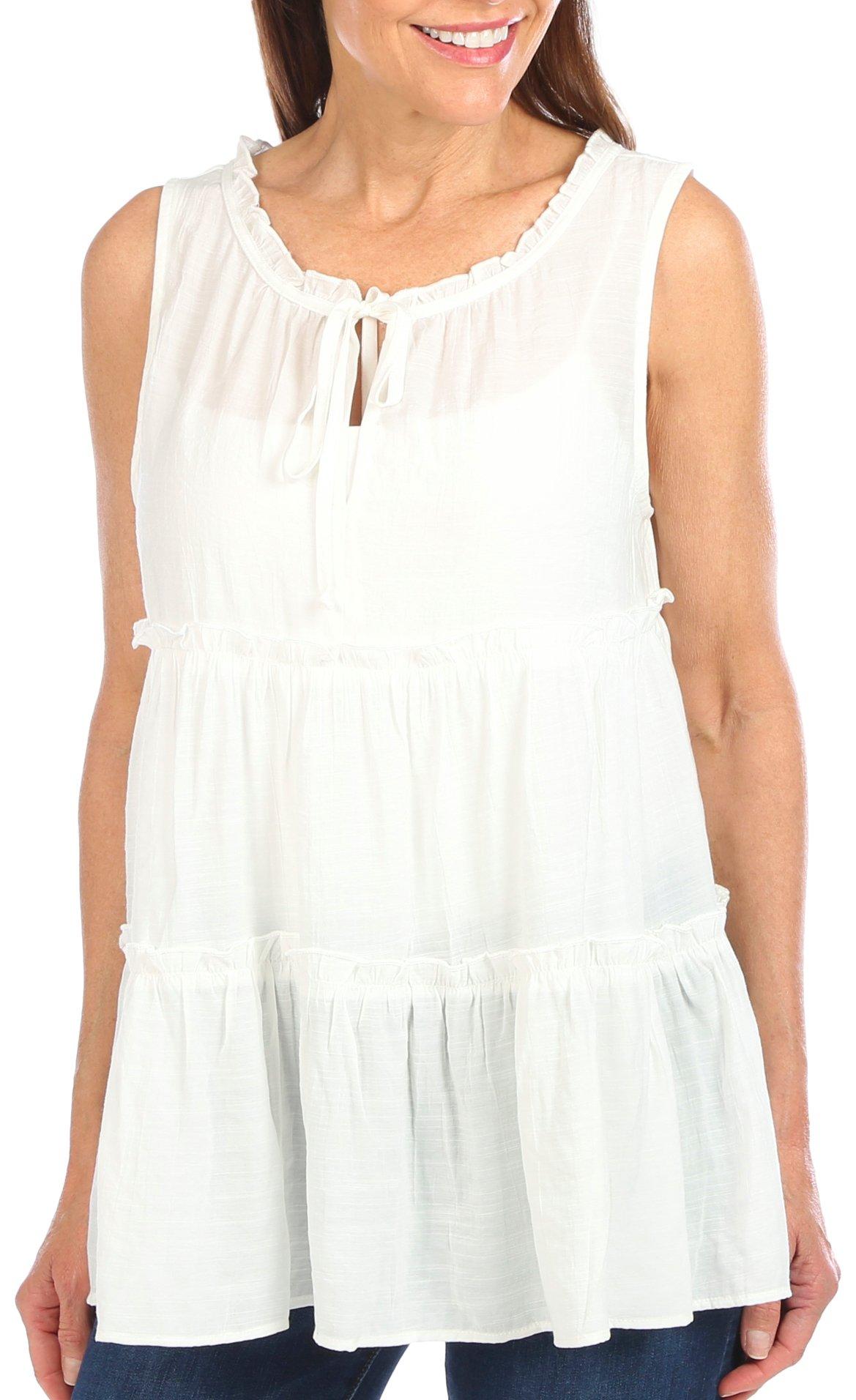 Womens Solid Ruffle Tiered Sleeveless Top