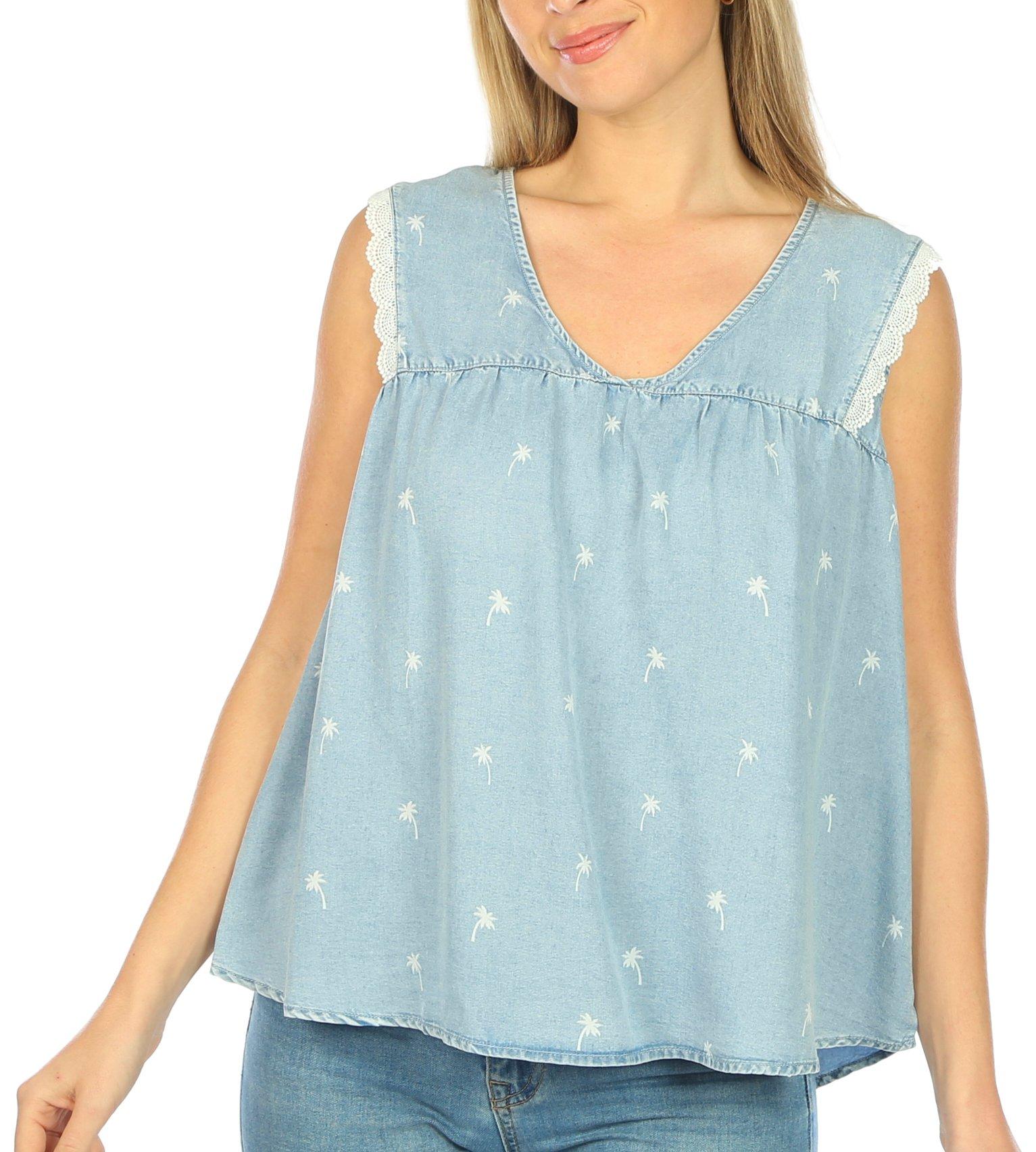 Womens Embroidered Palms Sleeveless Top