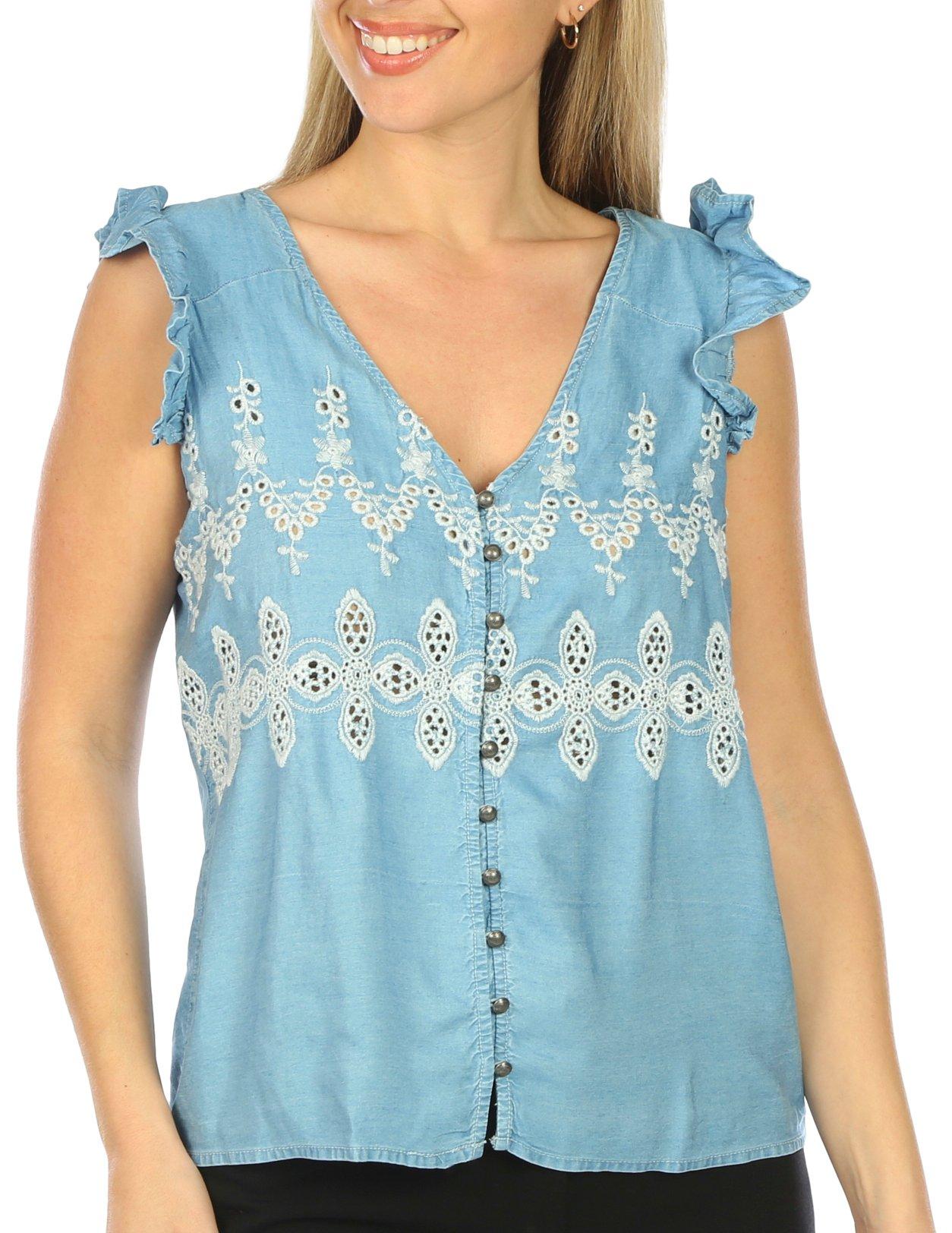 Womens Embroidered Flutter Cap Sleeve Top