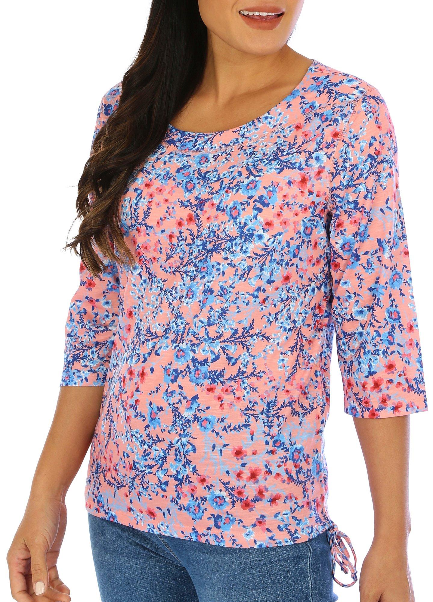 Womens Floral Side Ruched 3/4 Sleeve Top