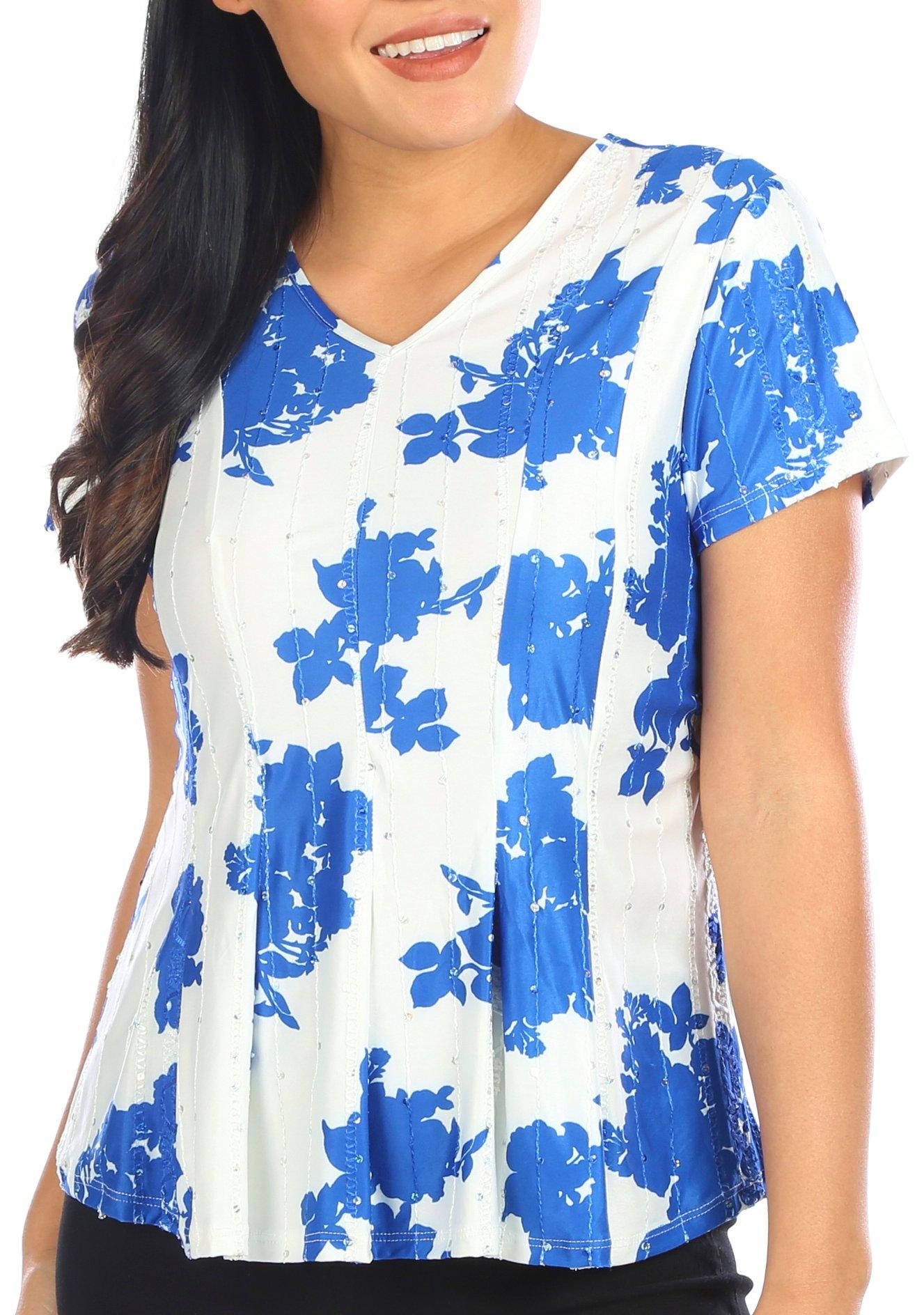 Womens Print Embellished Pleated Short Sleeve Top