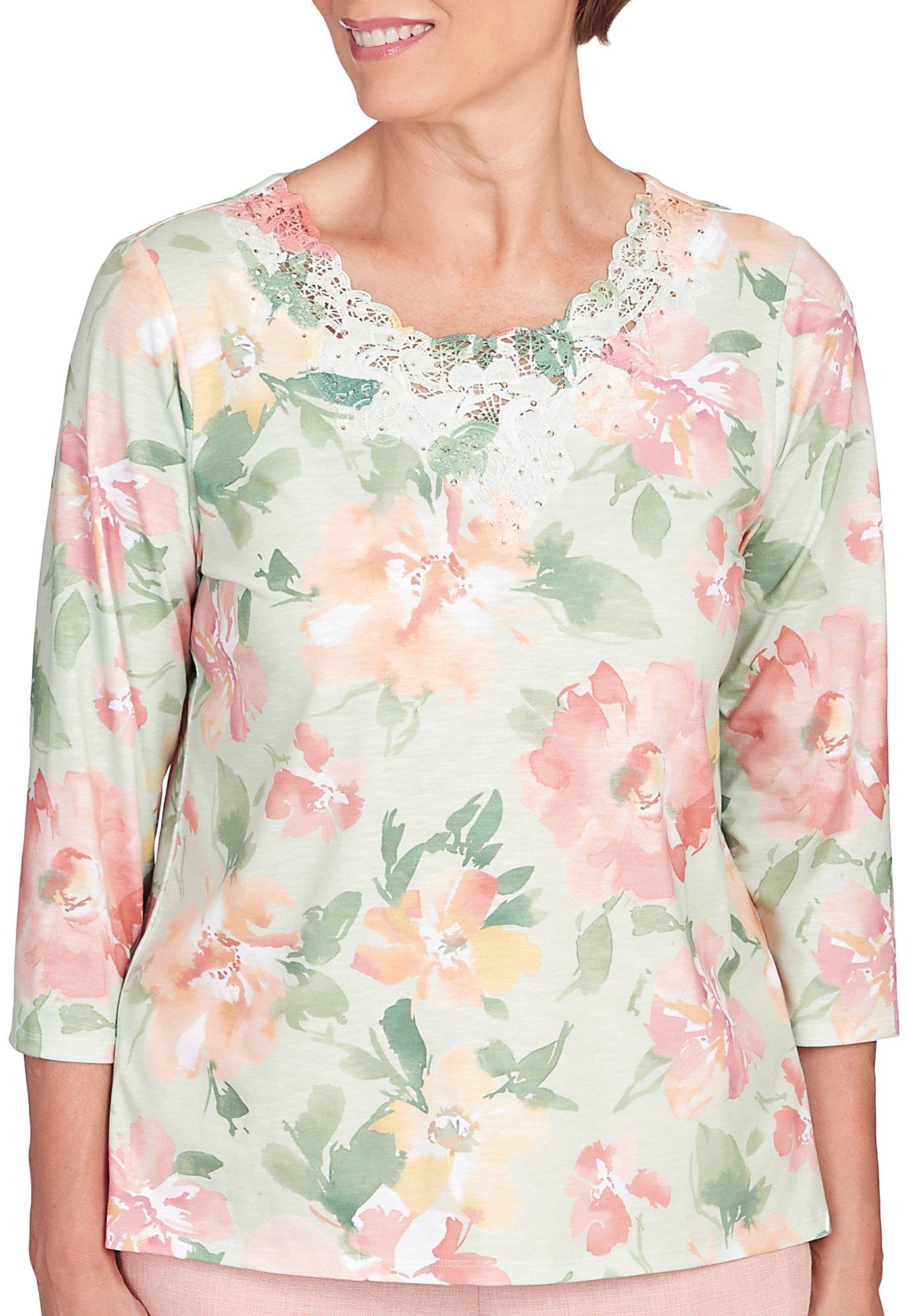 Womens Floral Jeweled Lace 3/4 Sleeve Top