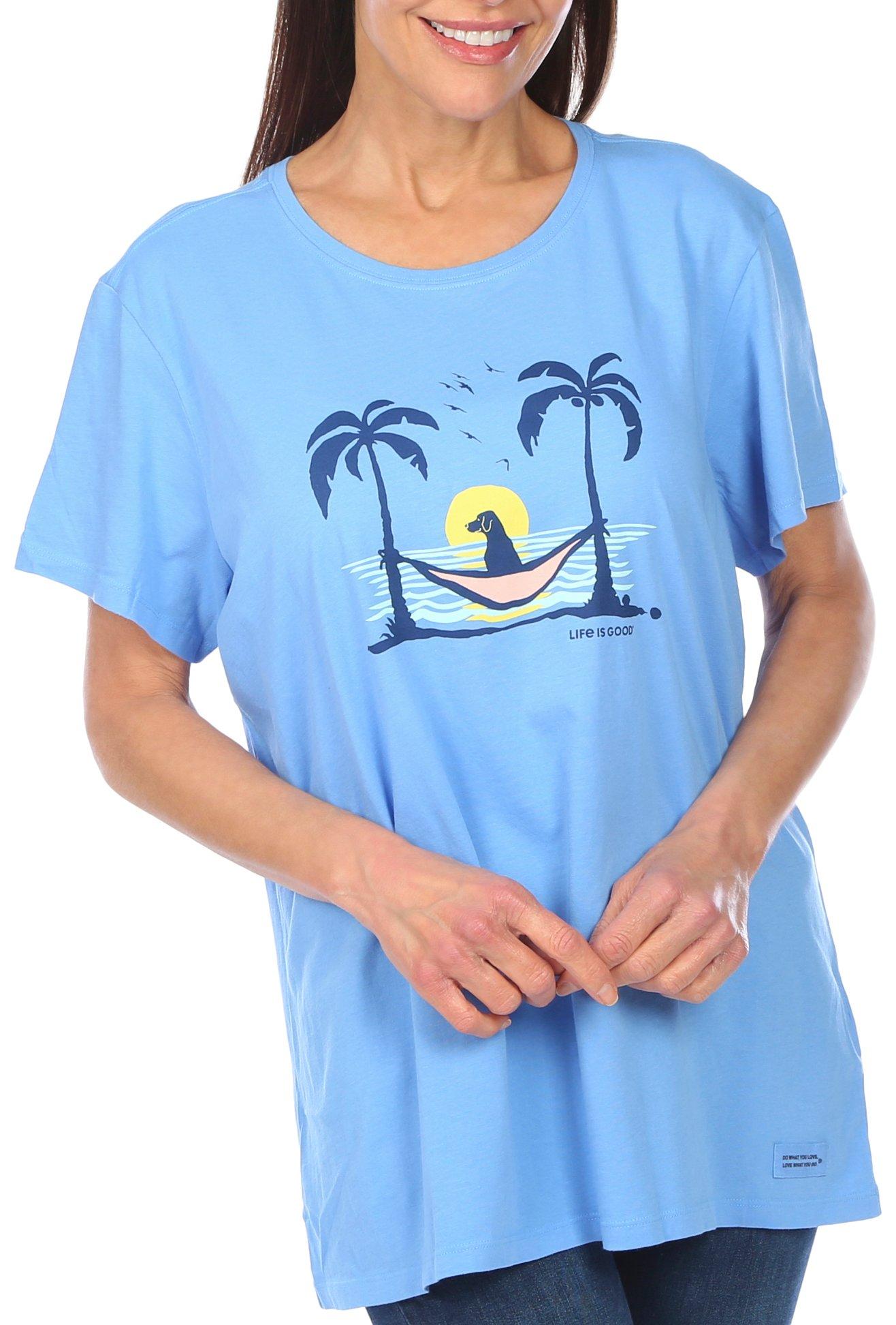 Womens Beach Dog Hammock Crew Neck T-Shirt
