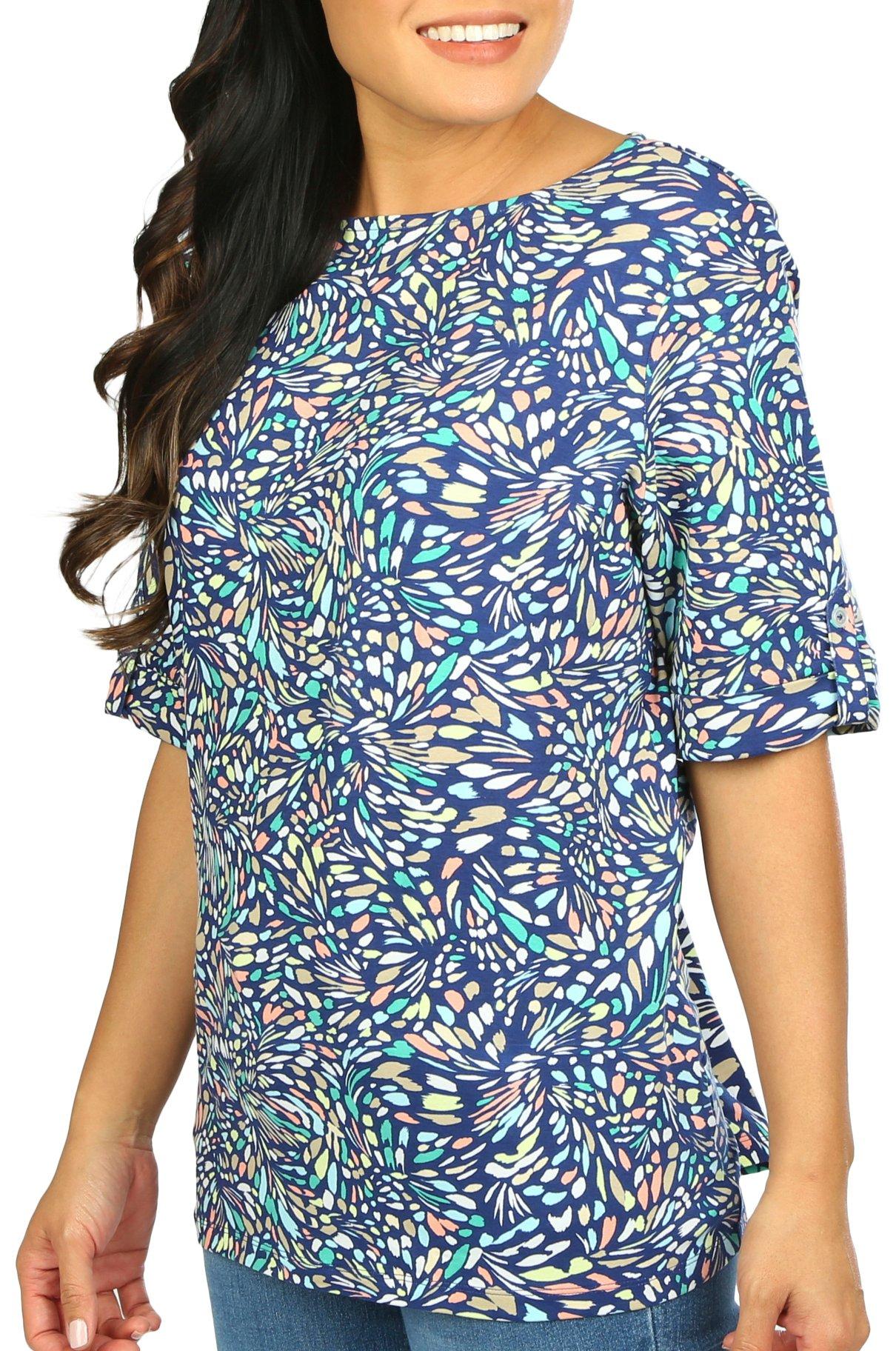 Womens Abstract Print Roll Tab Short Sleeve Top