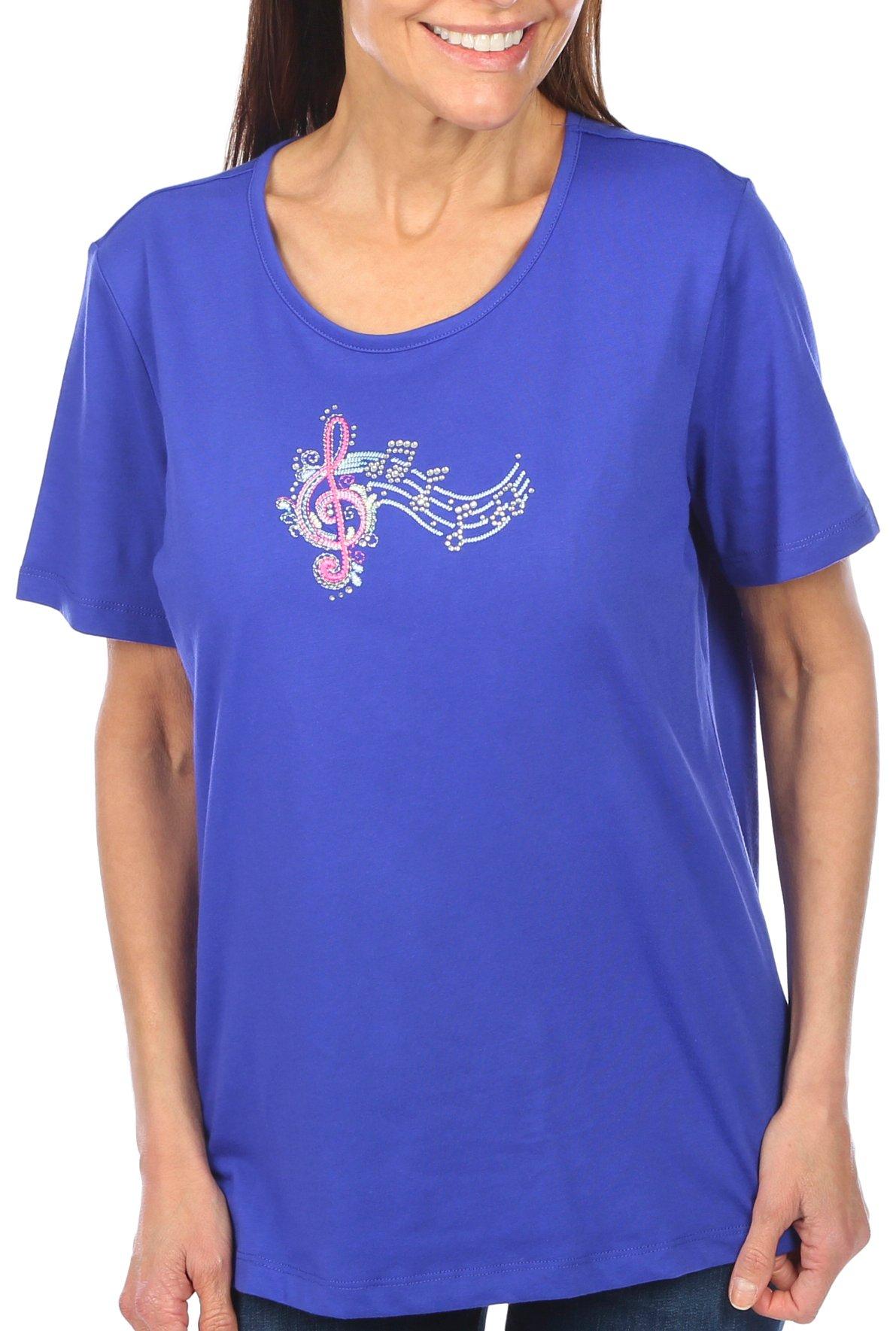 Womens Embellished Music Short Sleeve Top