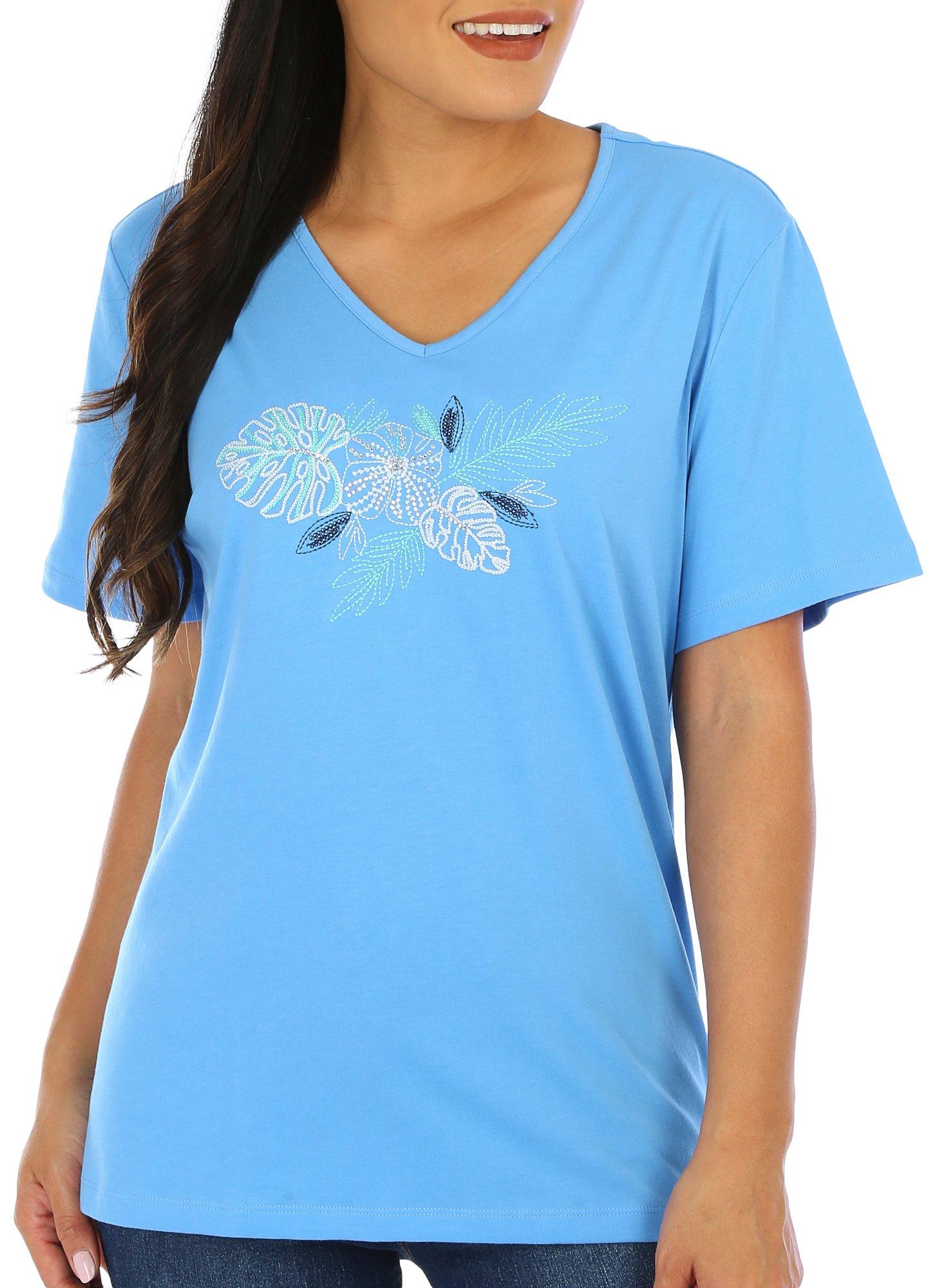 Womens Embroidered Flower Short Sleeve Top