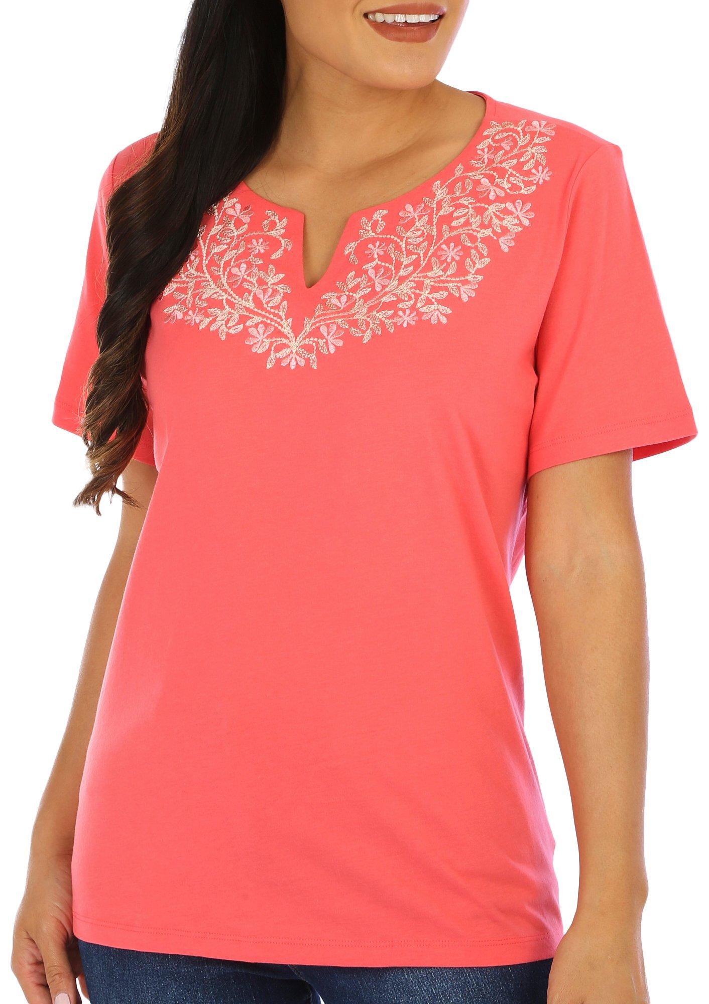 Womens Embroidered Notch Neck Short Sleeve Top
