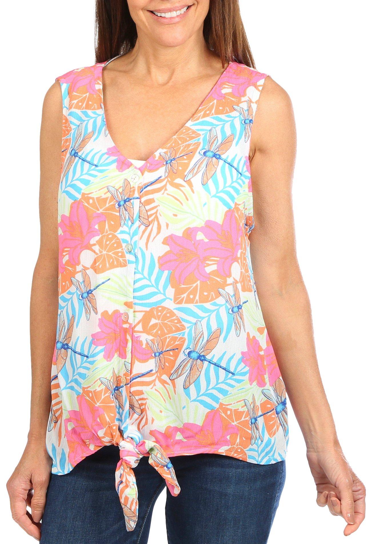 Womens Dragonfly Tie-Front Sleeveless Top