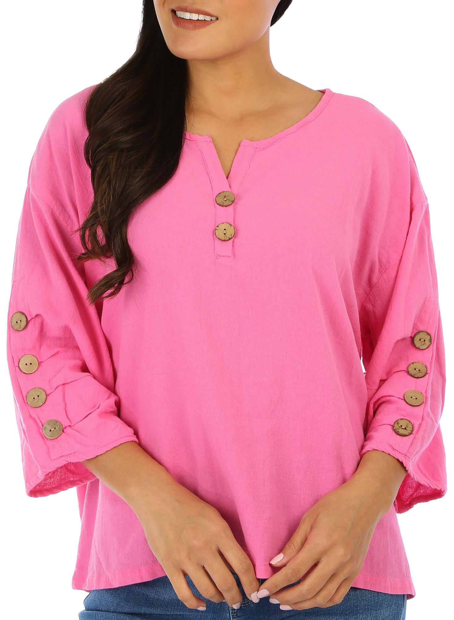 Womens Coconut Shell Buttons 3/4 Sleeve Top