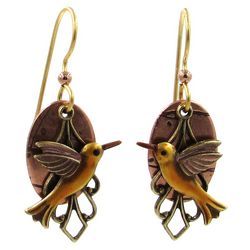 Silver Forest Layered Hummingbird Gold Tone Dangle Earrings