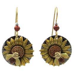 Silver Forest Layered Sunflower Gold Tone Dangle Earrings