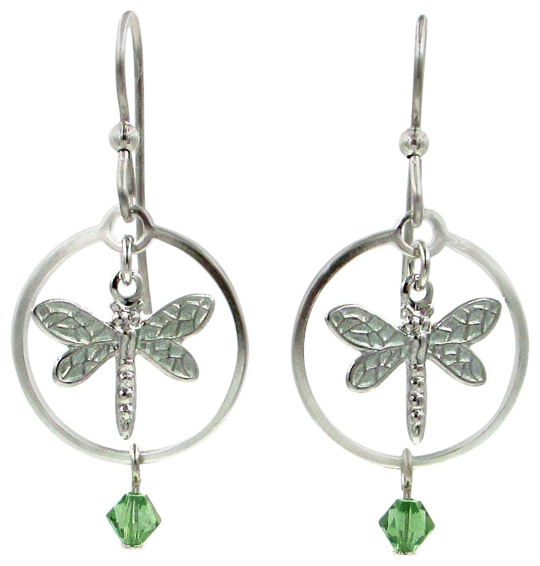Silver Forest Beaded Open Circle Dragonfly Dangle Earrings