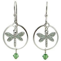 Silver Forest Beaded Open Circle Dragonfly Dangle Earrings