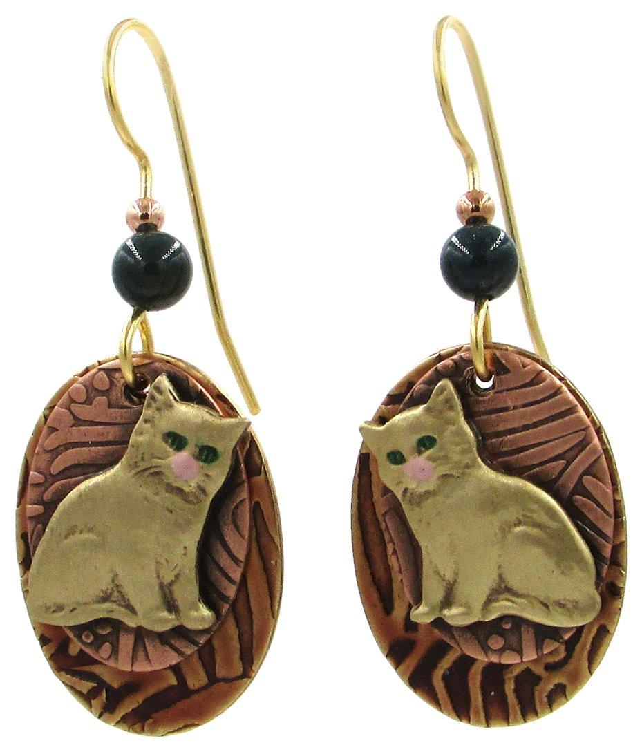 Silver Forest Beaded Cat Ovals Two Tone Dangle Earrings