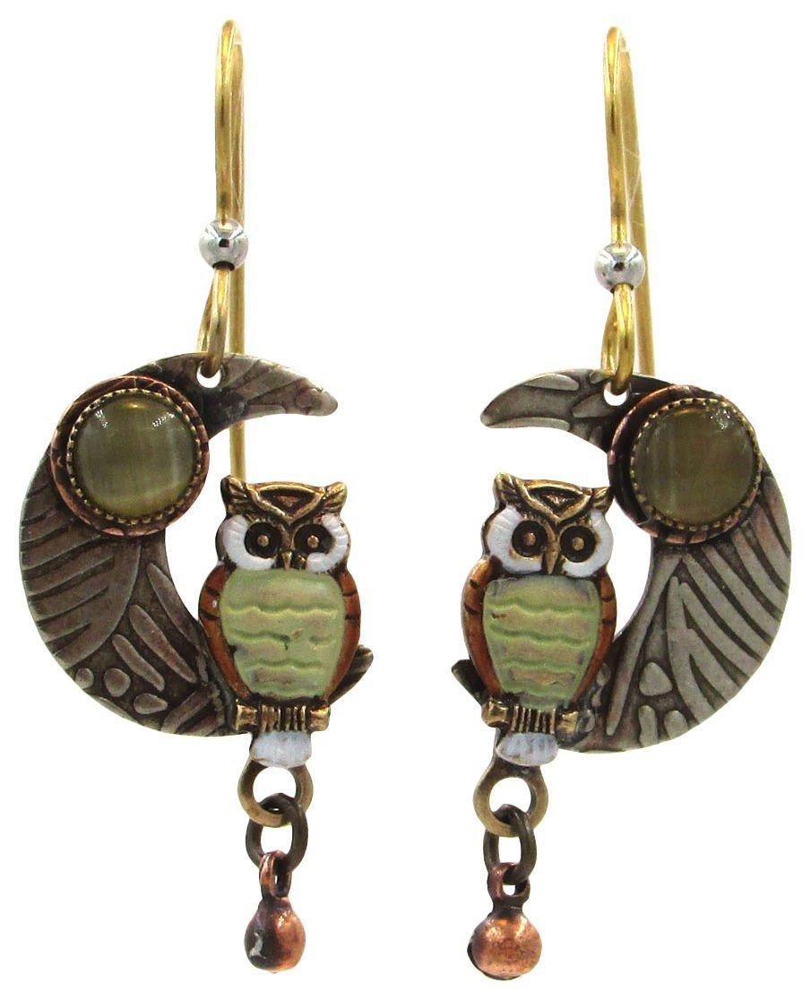 Tri Tone Owl & Moon Drop Earrings