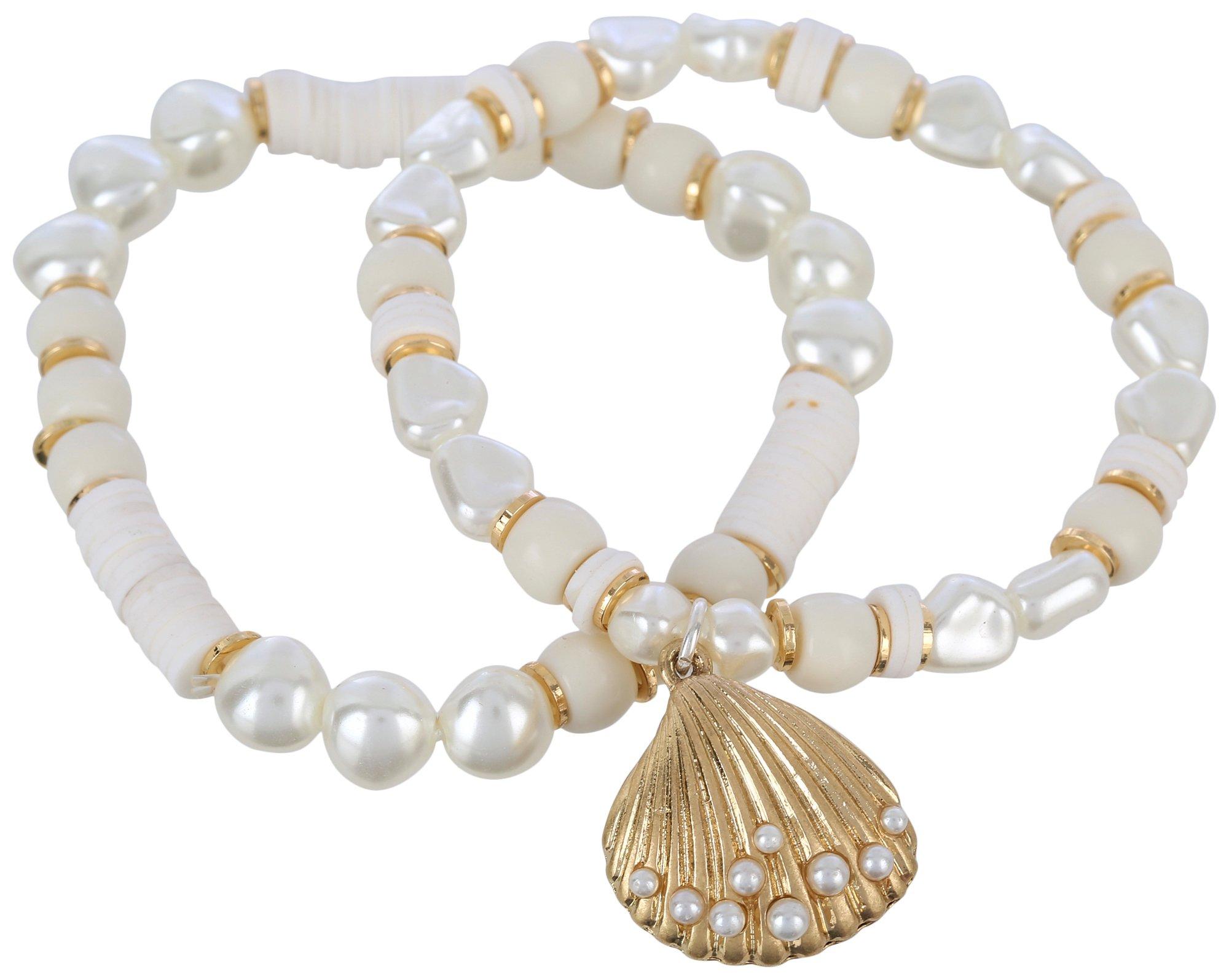 2-Pc. Shell Pearl Gold Tone Stretch Bracelet Set