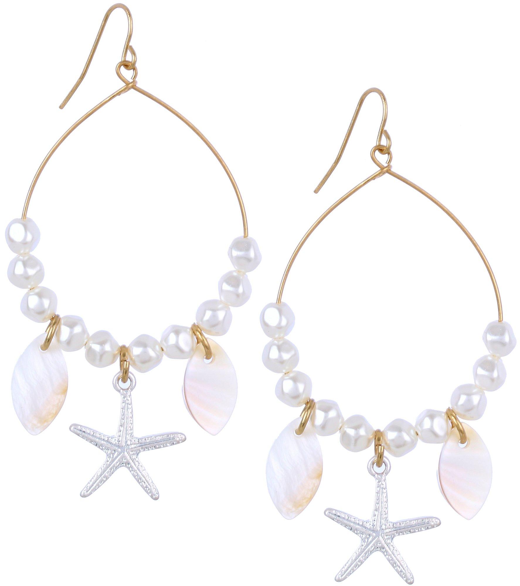 3 In. Starfish Pearl Teardrop Dangle Earrings
