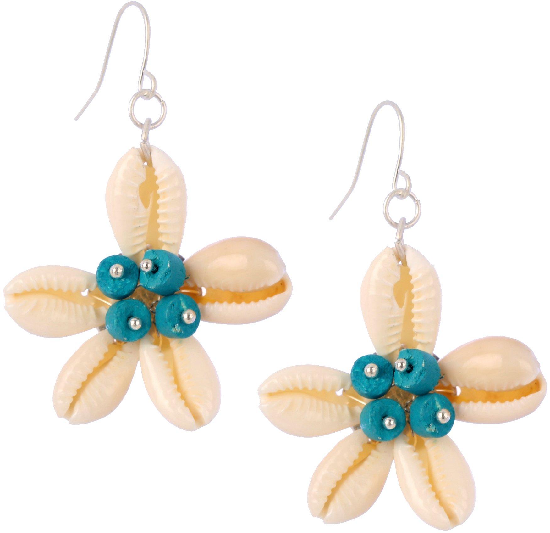 2 In. Bead & Shell Flower Dangle Earrings