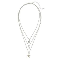 3-Row 18 In. Stars & Moon Silver Tone Necklace