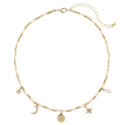 Bunulu 14 In. Pave Moon & Star Charms Bead Necklace