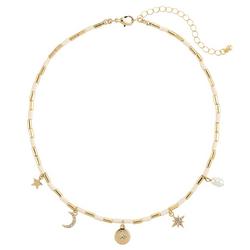 14 In. Pave Moon & Star Charms Bead Necklace