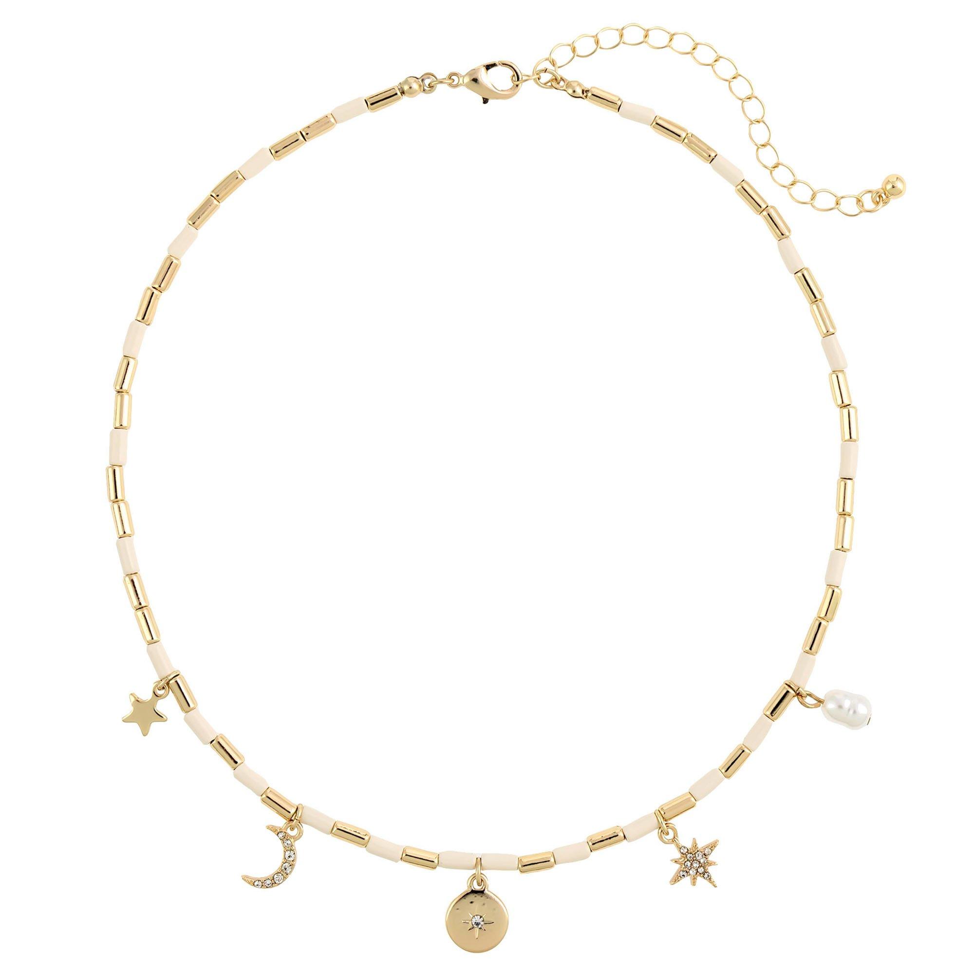 14 In. Pave Moon & Star Charms Bead Necklace