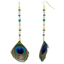 Bunulu 4 In. Beaded Chain Peacock Feather Dangle Earrings