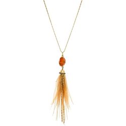 Bunulu 34 In. Feather Wired Stone Pendant Gold Tone Necklace