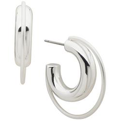 1 In. Double Loop Silver Tone C-Hoop Earrings