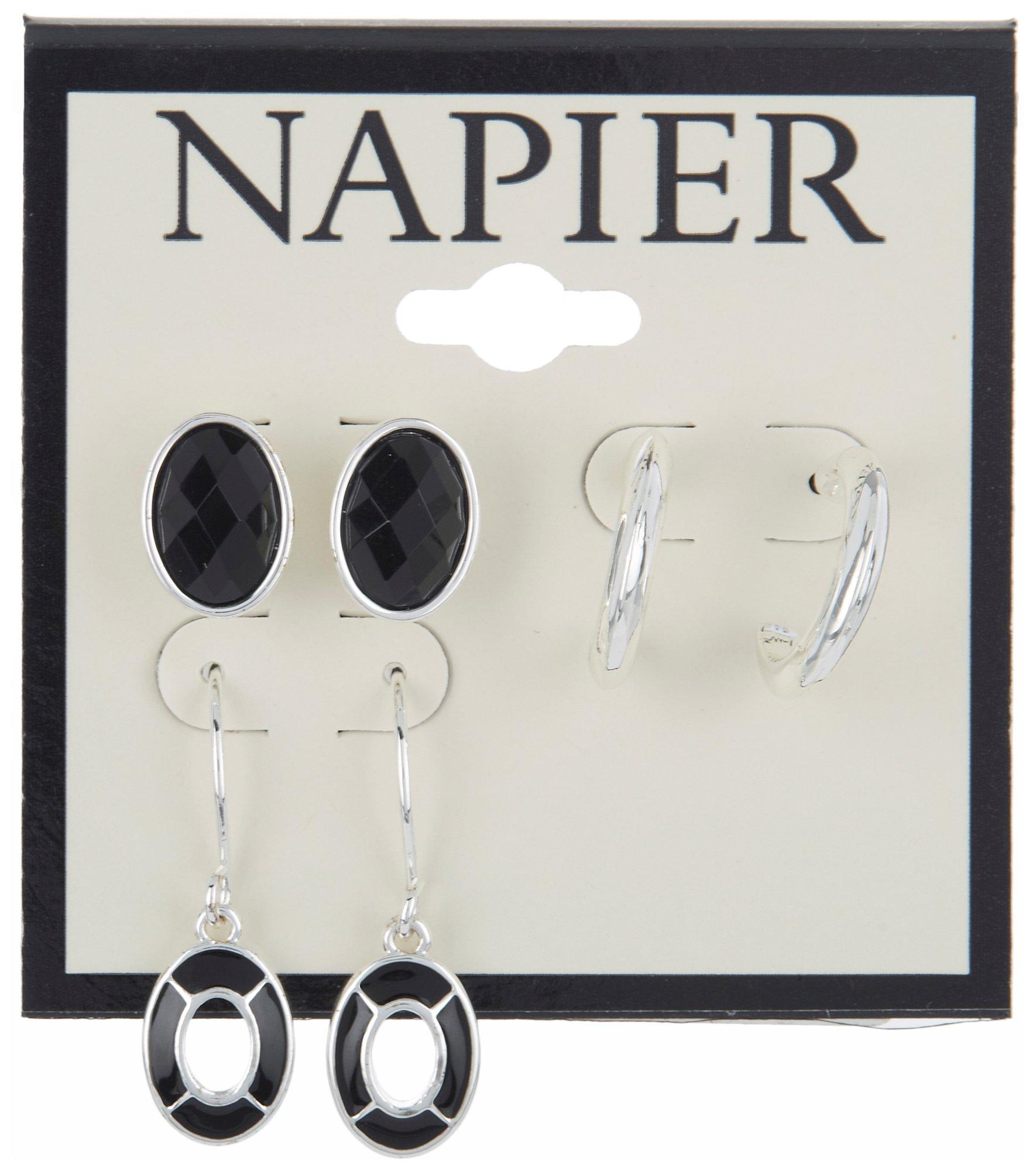 Napier 3-Pr. Rhinestone Silver Tone Stud C-Hoop Earring Set