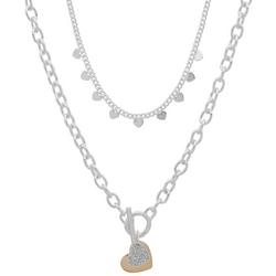 2-Row 17 In. Pave Heart Charm Two-Tone Necklace