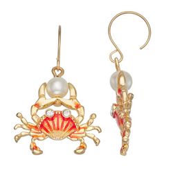 Napier Faux Pearl Enamel Crab Dangle Earrings